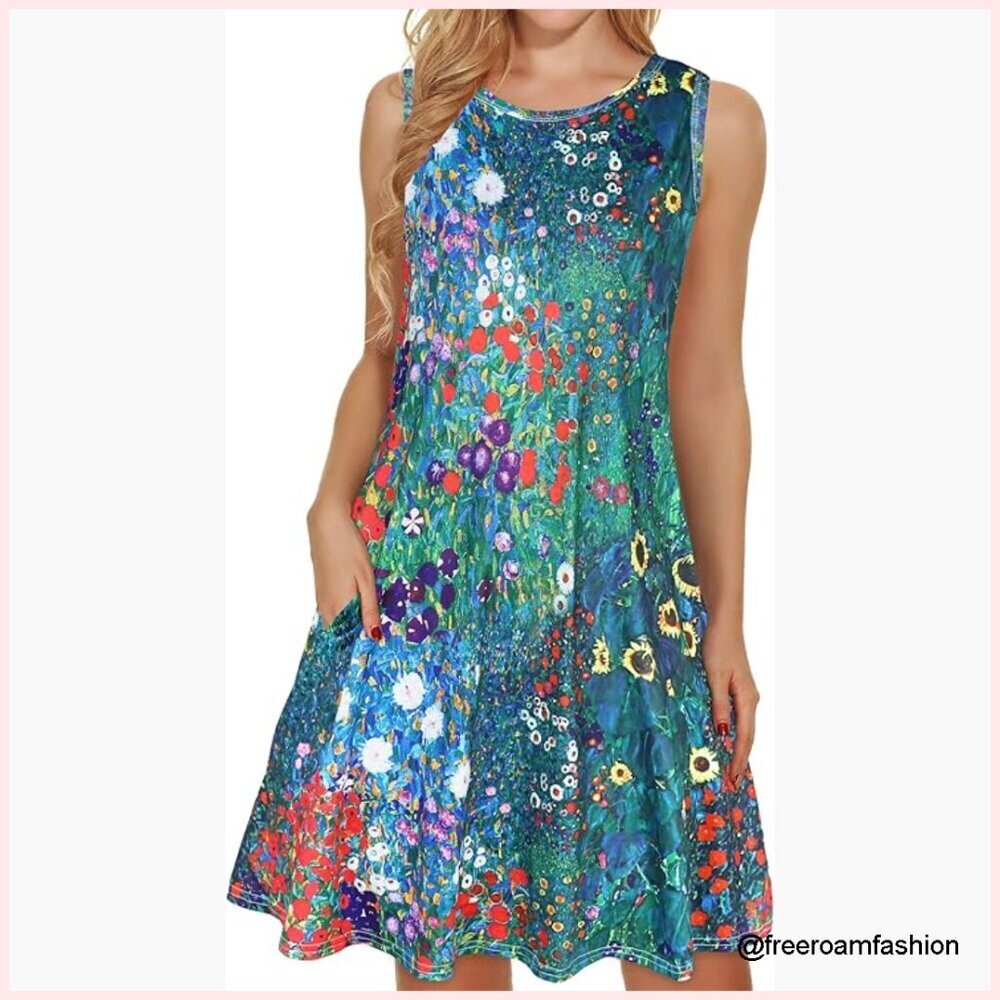 Summer Sleeveless Floral Print Sundress Loose Fit with Pocket